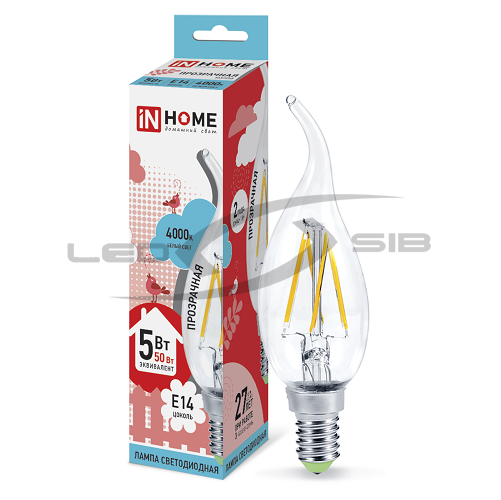 Лампа светодиодная LED-СВЕЧА НА ВЕТРУ-deco 5W 230V E14 450Lm прозрачная IN HOME