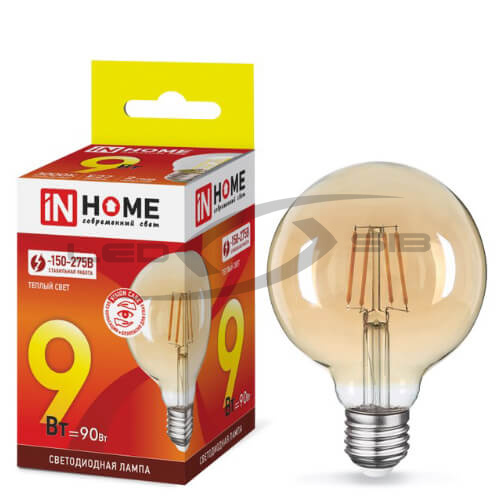 Лампа сд LED-GL95-deco 9W 230V Е27 3000К 810Lm золотистая IN HOME